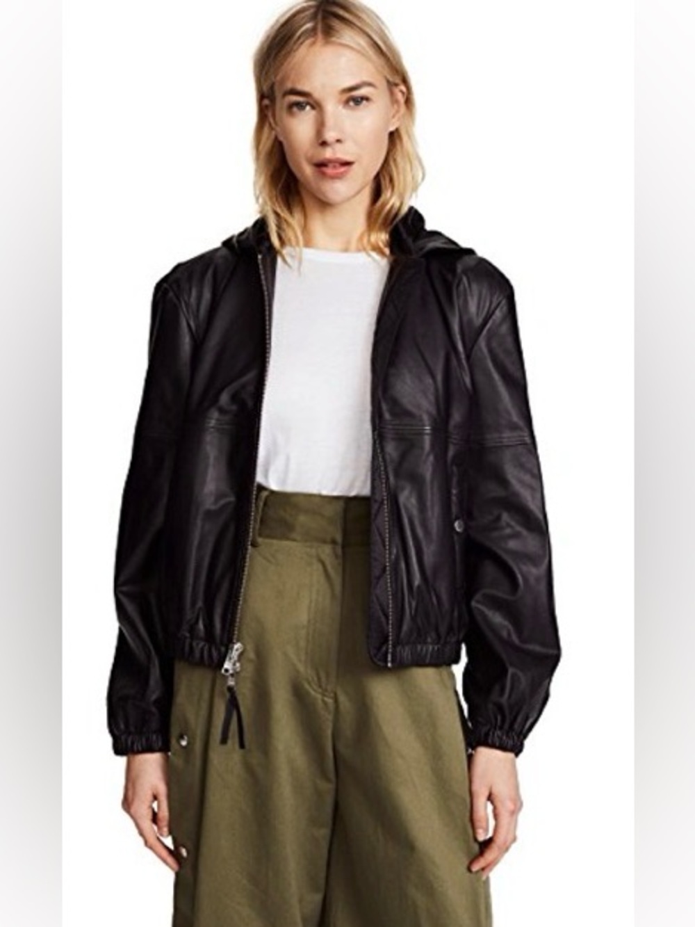 Public School KRIS Black Hooded Leather Bomber Jacket